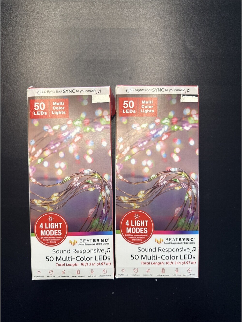 BeatSync Lights 2 Pack Sound Activated String Lights LED Sync To Music 50 Multi